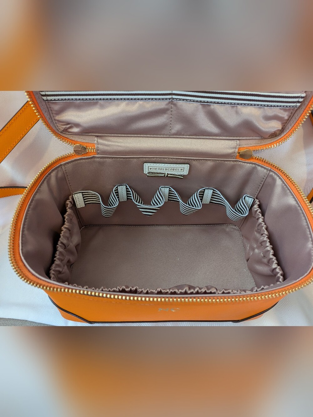 Henri Bendel Orange and Taupe Cosmetic Organizer with Striped Elastic - Picture 3 of 7